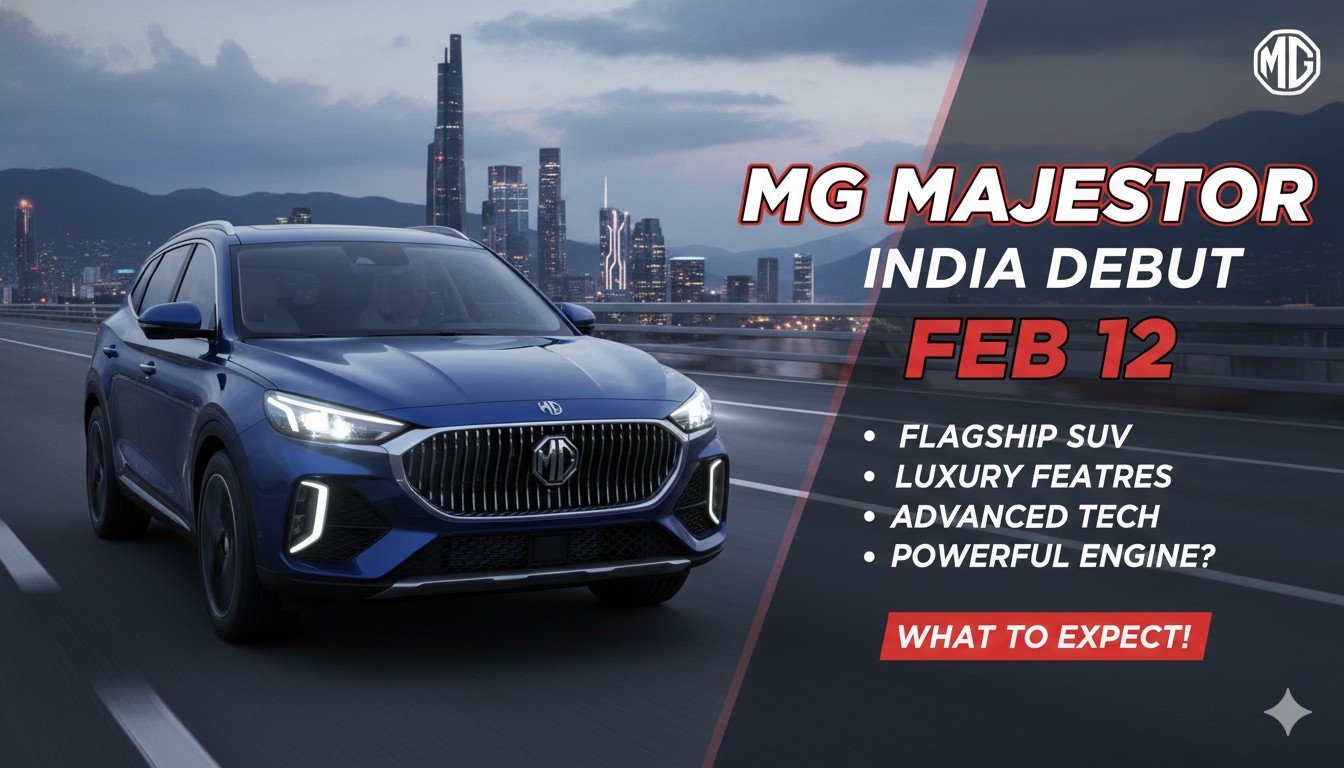 MG Majestor फ्रंट व्यू में बोल्ड ग्रिल और LED हेडलैंप्स वाली SUV