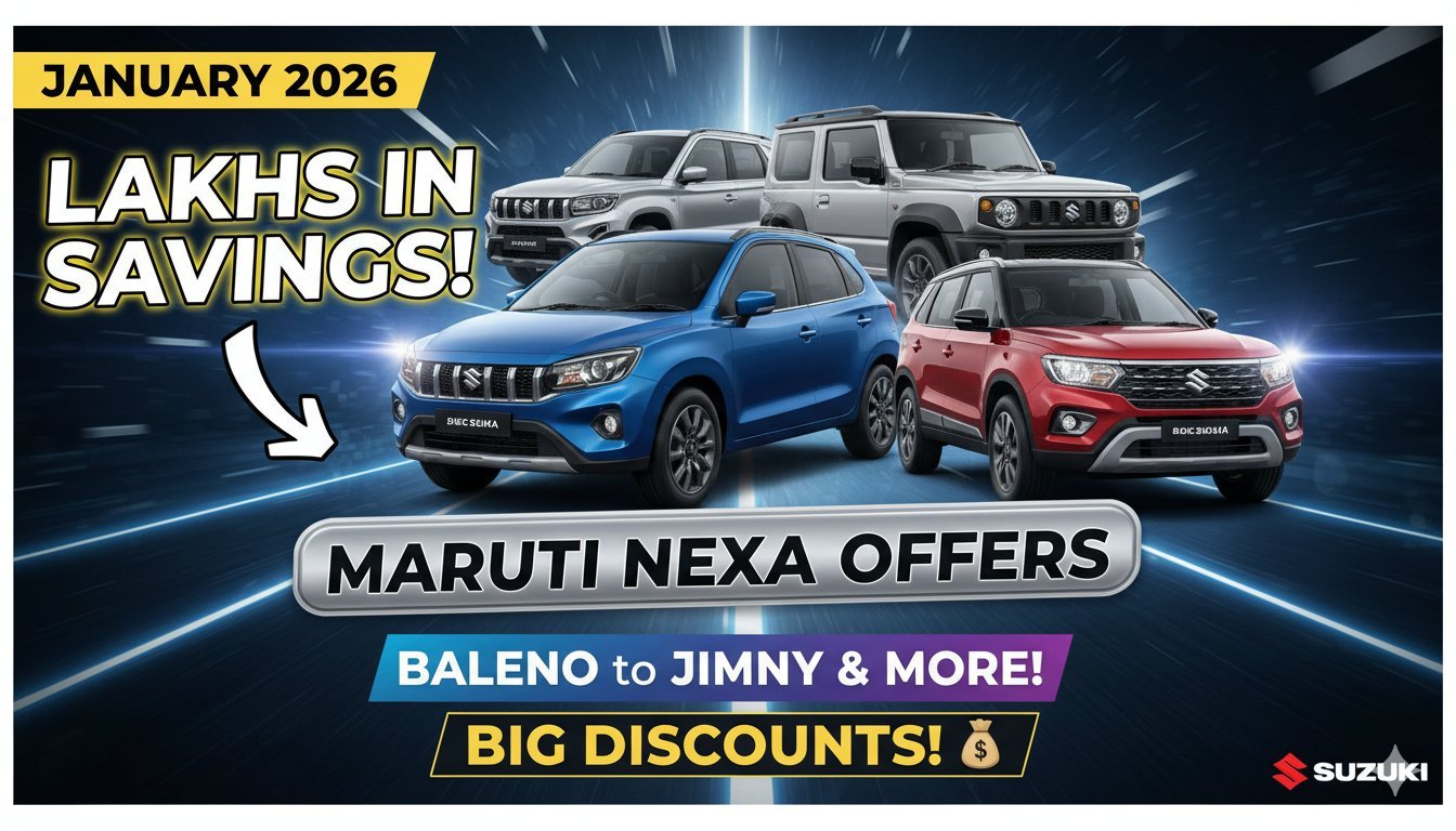 Maruti Nexa कारों पर जनवरी ऑफर दिखाती इमेज, जिसमें Baleno और Jimny मॉडल्स हाइलाइटेड
