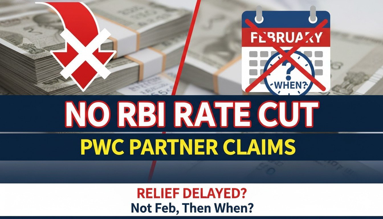 RBI मुख्यालय की इमारत और ग्राफ पर गिरते ब्याज दरों का चित्रण, PwC लोगो के साथ।