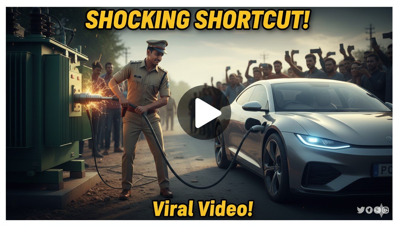 पुलिस कॉन्स्टेबल सार्वजनिक ट्रांसफॉर्मर से टाटा नेक्सॉन EV चार्ज करते हुए।