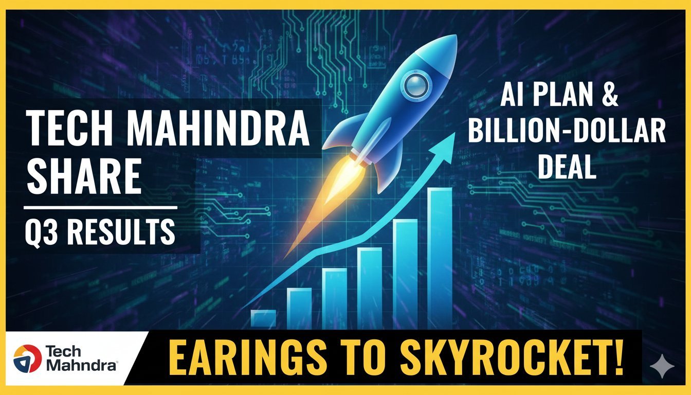 टेक महिंद्रा के Q3 FY26 रिजल्ट्स और स्टॉक चार्ट दिखाता ग्राफिक, जिसमें रेवेन्यू ग्रोथ और AI इनिशिएटिव्स हाइलाइटेड हैं।