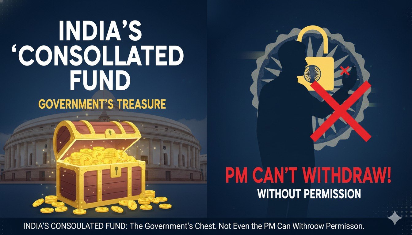 भारत की संचित निधि का प्रतीकात्मक चित्र, जिसमें सरकारी खजाना और वित्तीय दस्तावेज दिखाई दे रहे हैं।