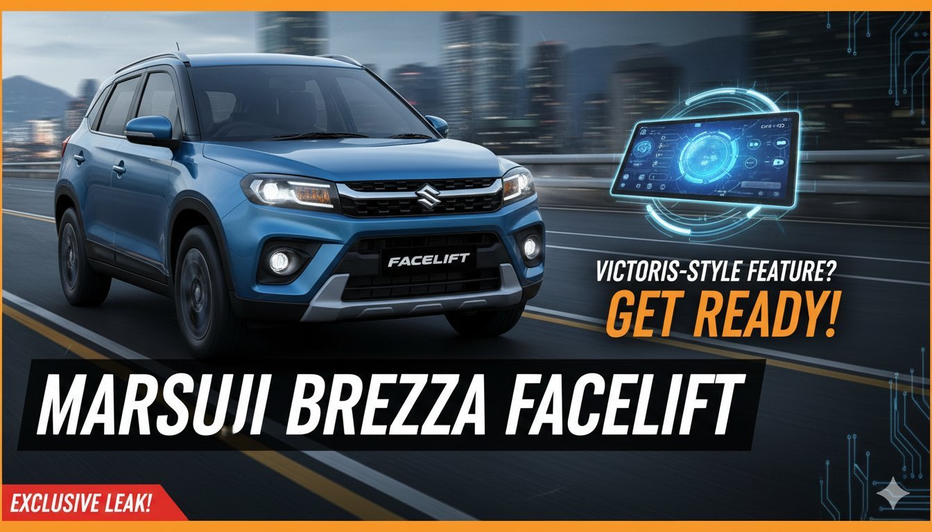मारुति सुजुकी ब्रेजा फेसलिफ्ट का स्पाई शॉट, जिसमें नई डिजाइन और हाइब्रिड फीचर्स दिख रहे हैं