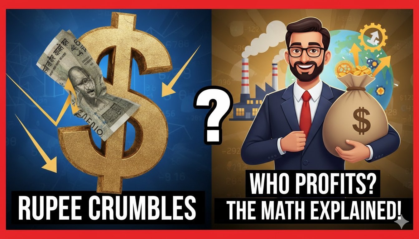 डॉलर और रुपए के सिक्कों की तुलना दिखाती ग्राफिकल इमेज, जहां रुपया नीचे की ओर इशारा कर रहा है।