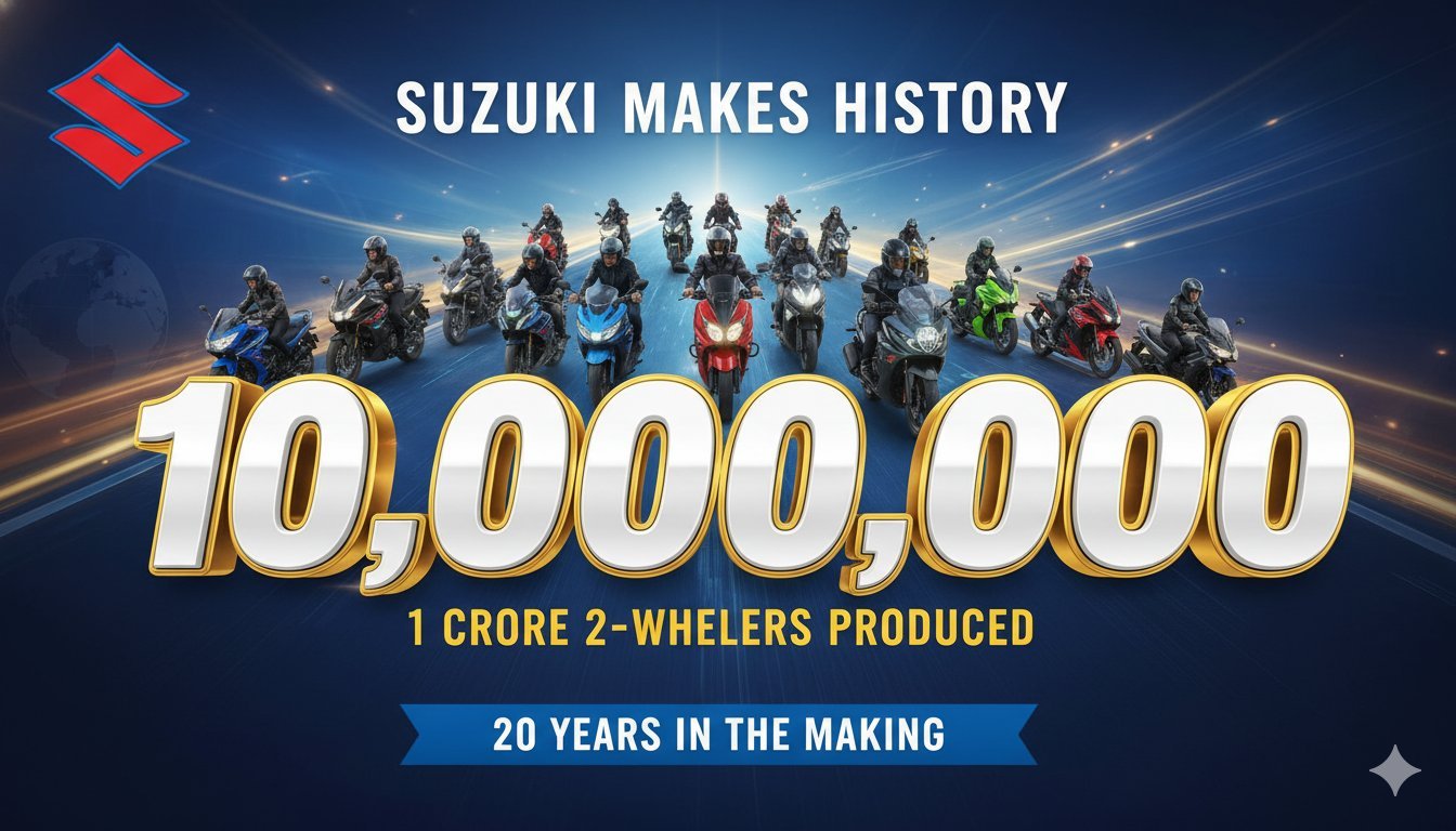 सुजुकी मोटरसाइकिल इंडिया की फैक्ट्री में एक करोड़ टू-व्हीलर उत्पादन का जश्न मनाते कर्मचारी