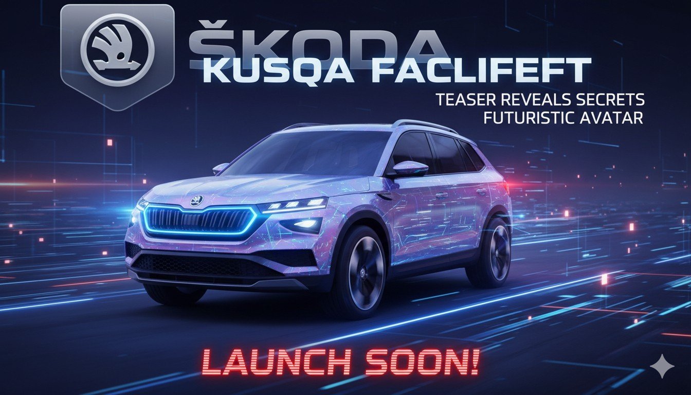 स्कोडा कुशाक फेसलिफ्ट का DDLJ थीम वाला टीजर इमेज जिसमें कनेक्टेड LED DRLs दिख रहे हैं