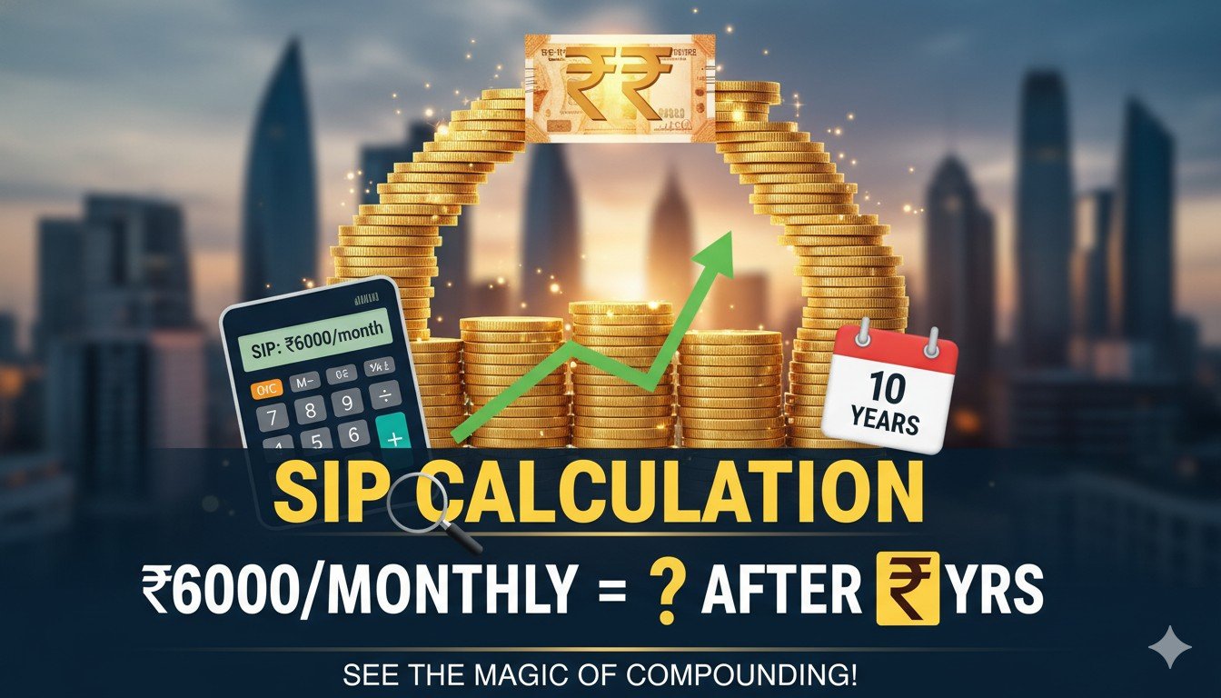 6000 रुपये मासिक SIP कैलकुलेशन ग्राफ दिखाता हुआ, 10 साल बाद फंड वैल्यू अनुमान के साथ