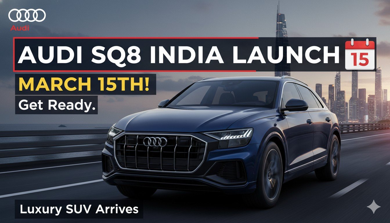 Audi SQ8 performance SUV front view with aggressive grille and V8 badge, set to launch in India on March 17, 2026