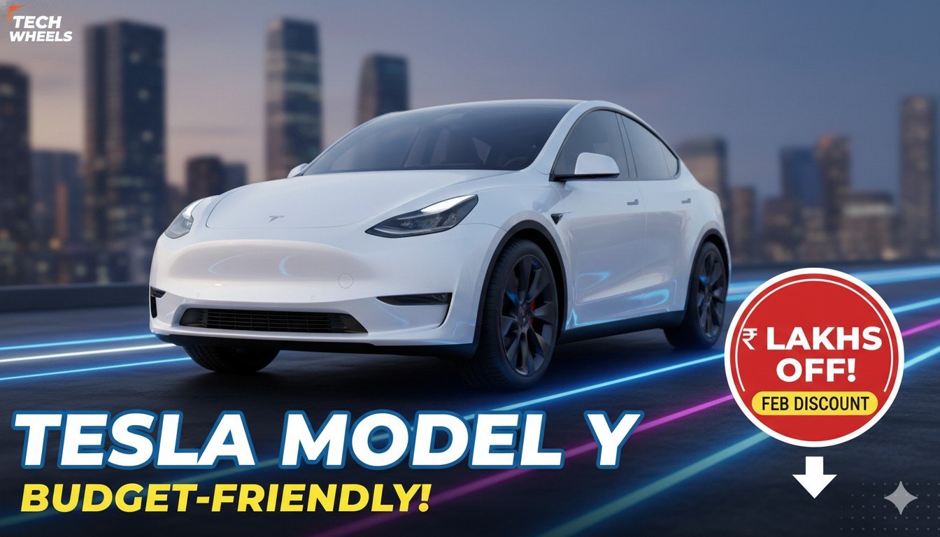 Tesla Model Y SUV in Stealth Grey color with discount badge.