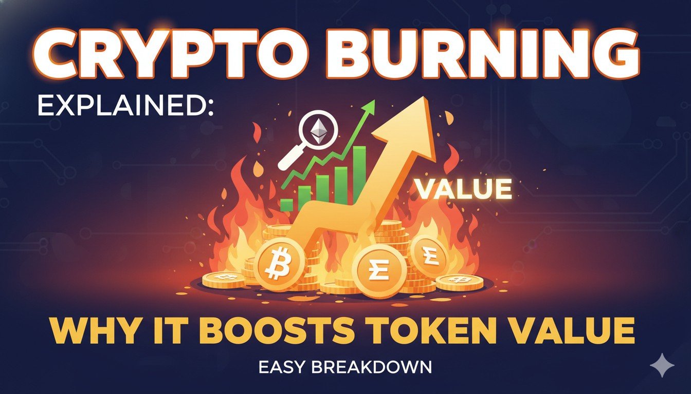 क्रिप्टो टोकन बर्निंग की इलस्ट्रेटिव इमेज दिखाती हुई आग में जलते डिजिटल कॉइन्स