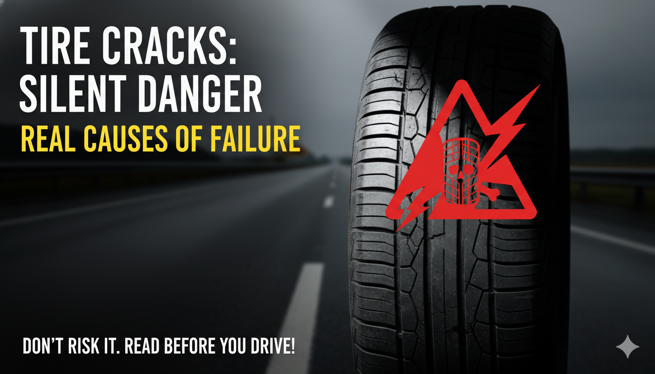 कार टायर में दरारें दिखाती इमेज, सुरक्षा चेतावनी के साथ