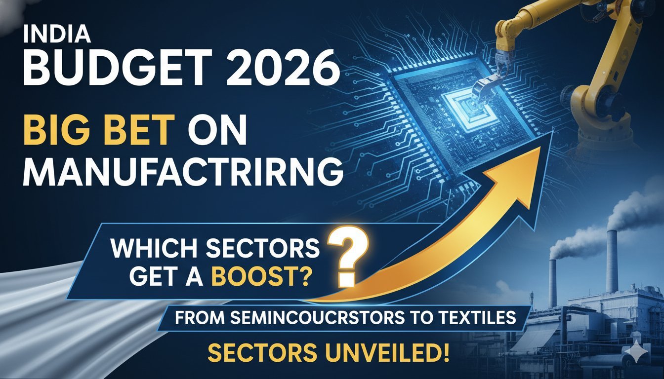 केंद्रीय बजट 2026 में मैन्युफैक्चरिंग सेक्टर के लिए की गई प्रमुख घोषणाओं का प्रतिनिधित्व करने वाला चित्र, जिसमें सेमीकंडक्टर, टेक्सटाइल और अन्य इंडस्ट्रीज के आइकॉन दिखाए गए हैं।