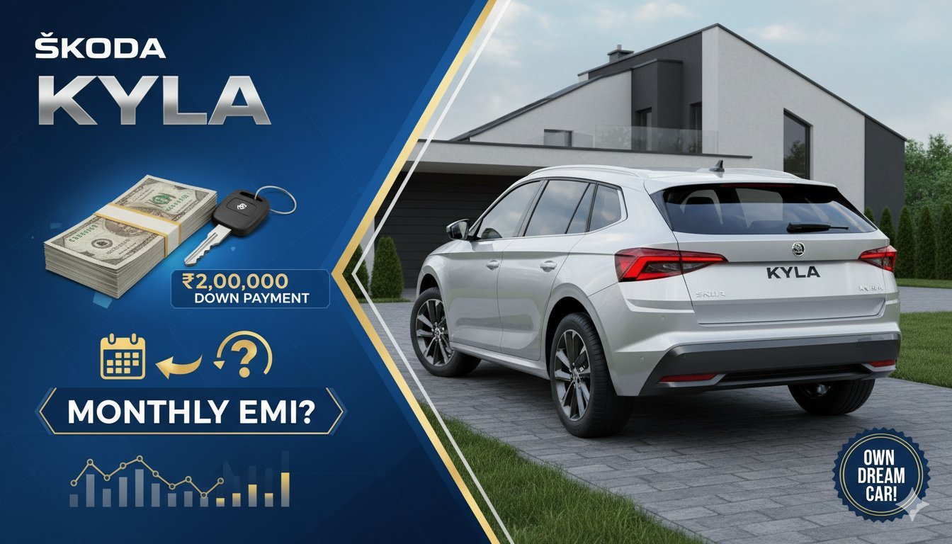 स्कोडा काइलाक ऑटोमैटिक वेरिएंट की फ्रंट प्रोफाइल, EMI कैलकुलेशन के साथ