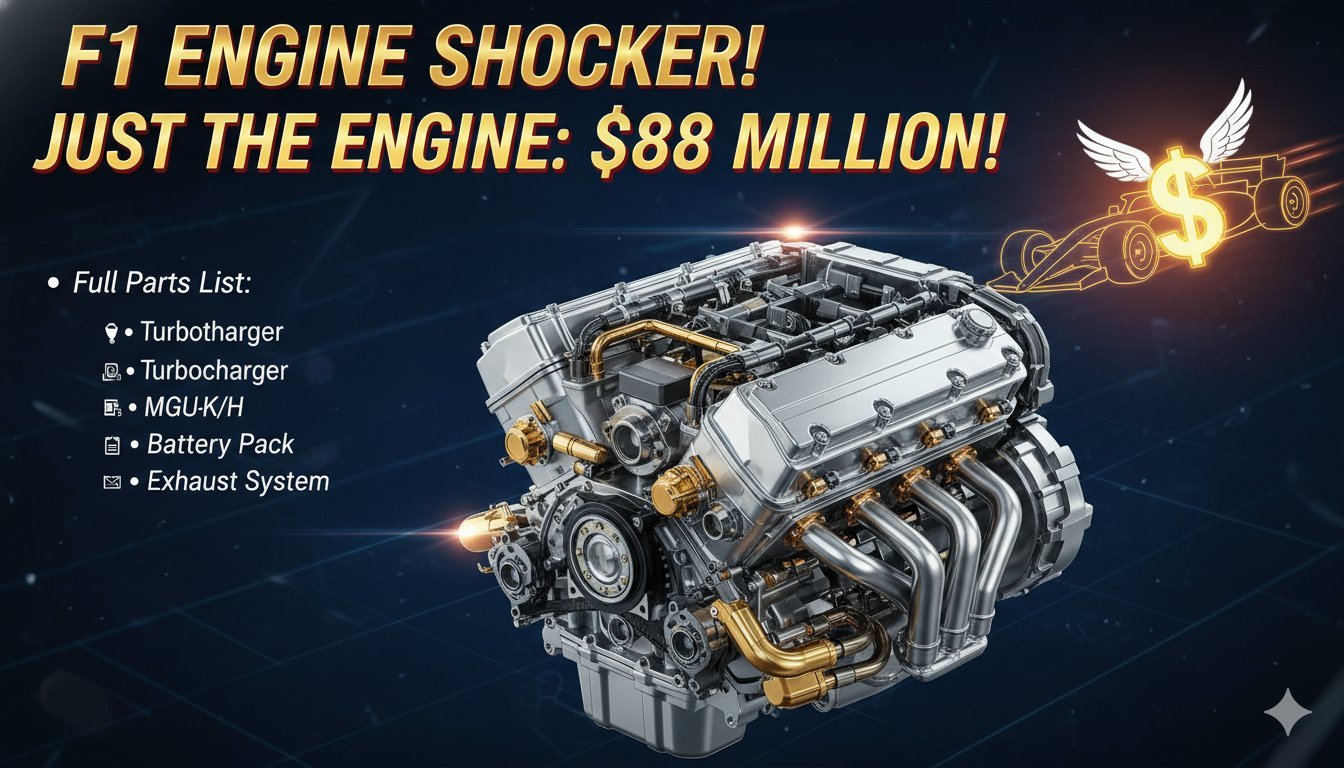 F1 कार का महंगा पावर यूनिट इंजन दिखाता हुआ क्लोजअप व्यू, हाई-टेक कंपोनेंट्स के साथ