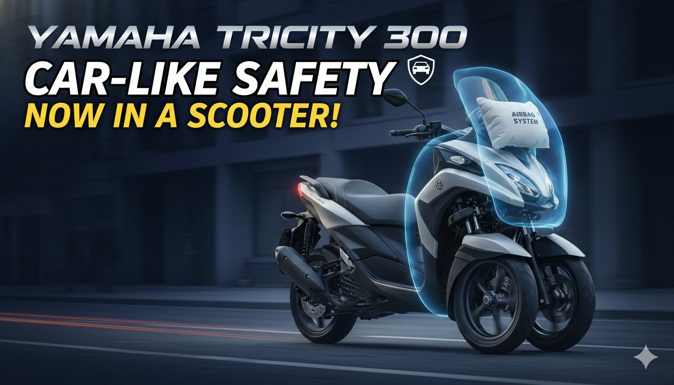 Yamaha Tricity 300 2026 मॉडल जिसमें एयरबैग सिस्टम इंटीग्रेटेड है, कार जैसी सुरक्षा वाला तीन पहियों वाला स्कूटर