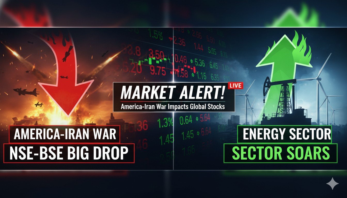 अमेरिका-ईरान युद्ध के बीच भारतीय शेयर बाजार में गिरावट और एनर्जी सेक्टर में तेजी दिखाने वाला ग्राफिक