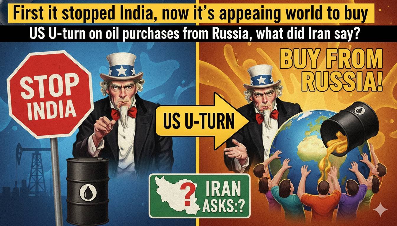 अमेरिकी और रूसी झंडे के साथ तेल टैंकर और भारत का नक्शा दिखाता ग्राफिक, यू-टर्न नीति का प्रतीक