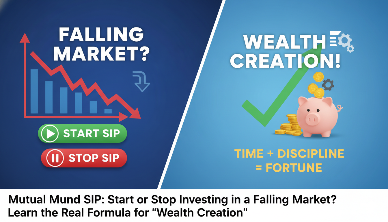 गिरते भारतीय शेयर बाजार में म्यूचुअल फंड SIP निवेश का ग्राफ दिखाता हुआ इमेज, सेंसेक्स-निफ्टी गिरावट और SIP यूनिट्स बढ़ते हुए