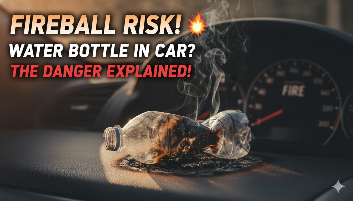 कार की सीट पर रखी पानी की प्लास्टिक बोतल से सूर्य की किरणें फोकस होकर आग लगने का खतरा दर्शाती इमेज