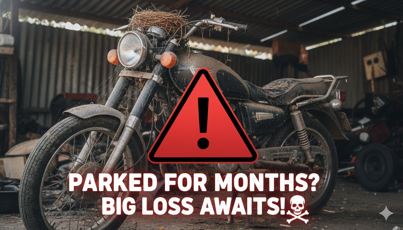 हफ्तों तक खड़ी बाइक में बैटरी, टायर और फ्यूल सिस्टम की समस्याएं दिखाती इमेज