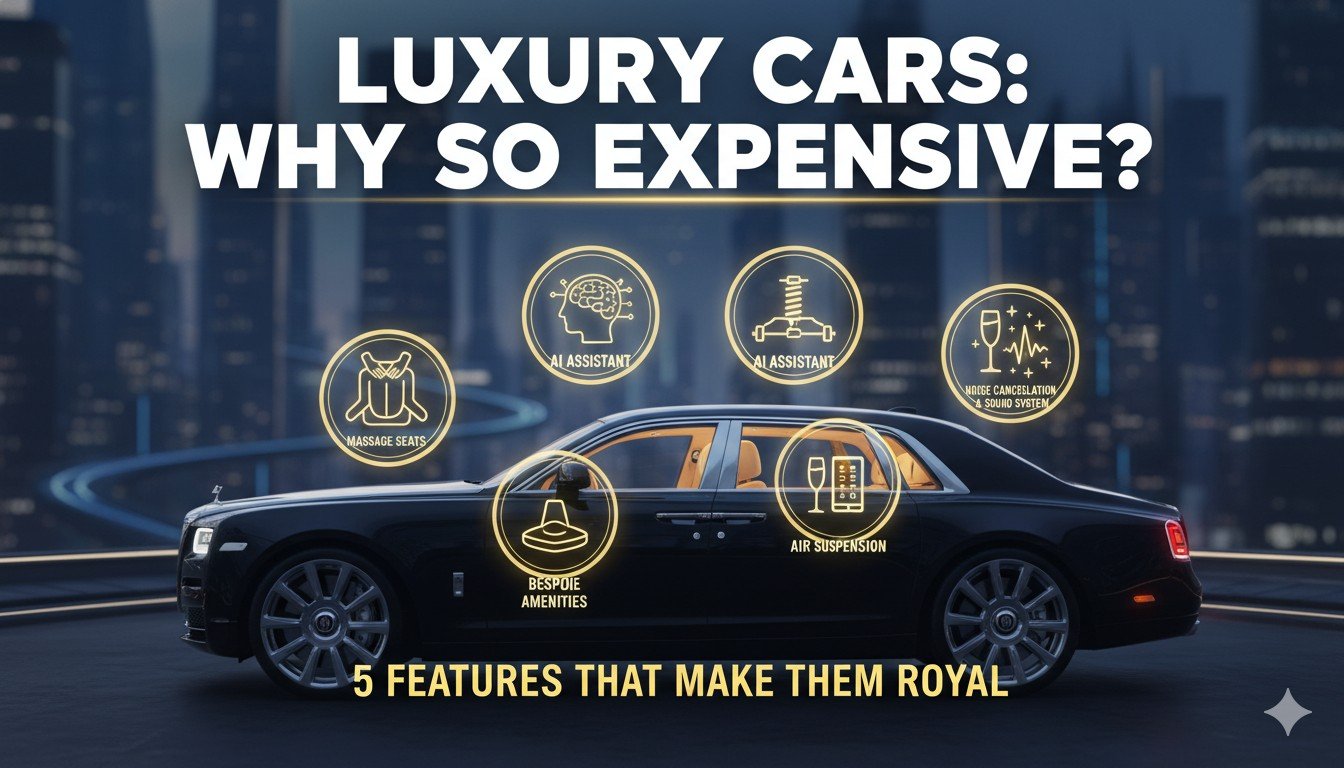 लग्जरी कार इंटीरियर में मसाज सीट और AI डिस्प्ले दिखाता हुआ, शाही सवारी का प्रतीक