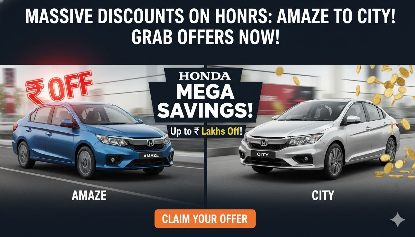होंडा अमेज और सिटी कारों पर लाखों की छूट दिखाते हुए फीचर्ड इमेज, मार्च 2026 ऑफर्स